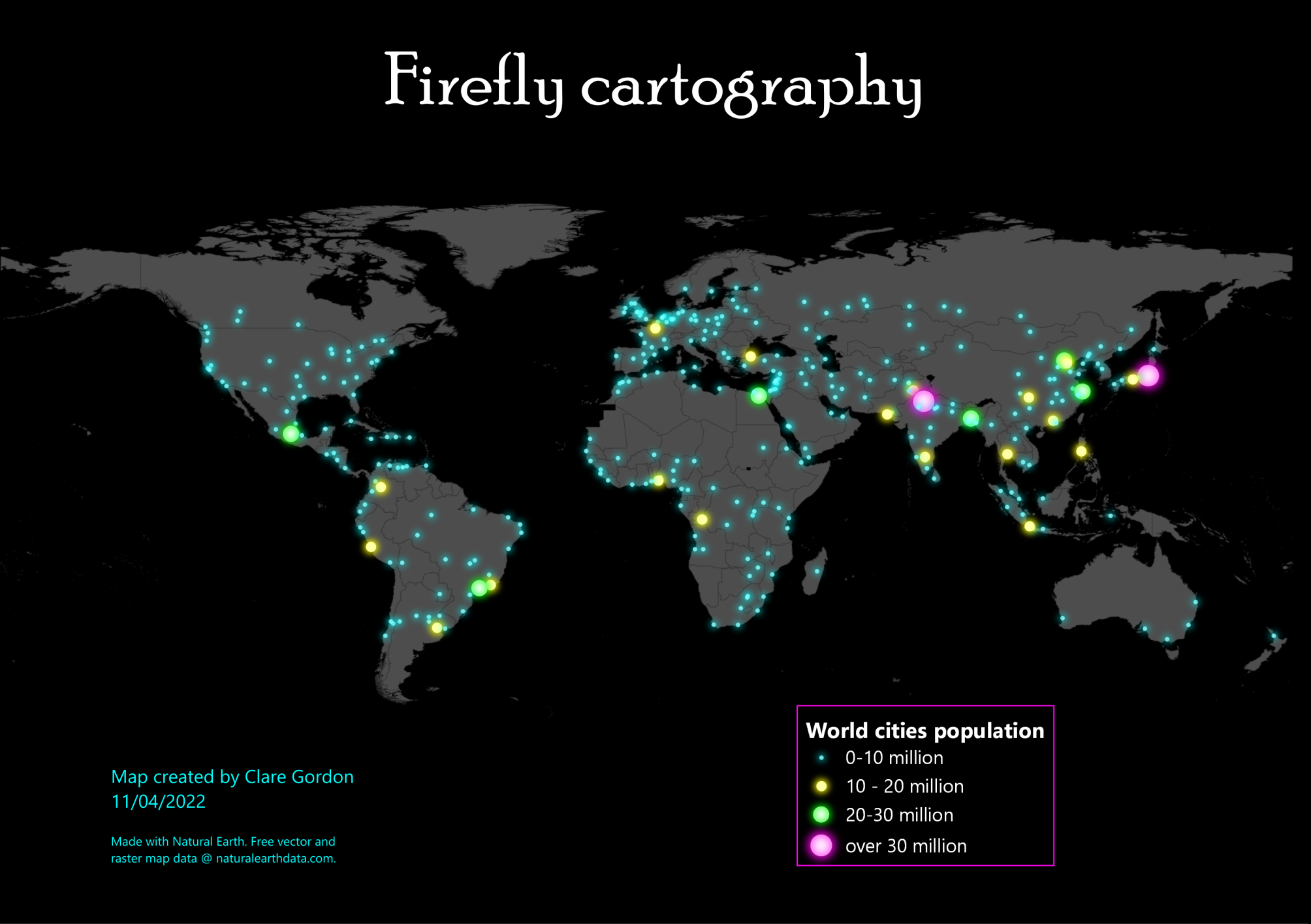 Firefly cartography - population of major World cities. Firefly cartography - population of major World cities.