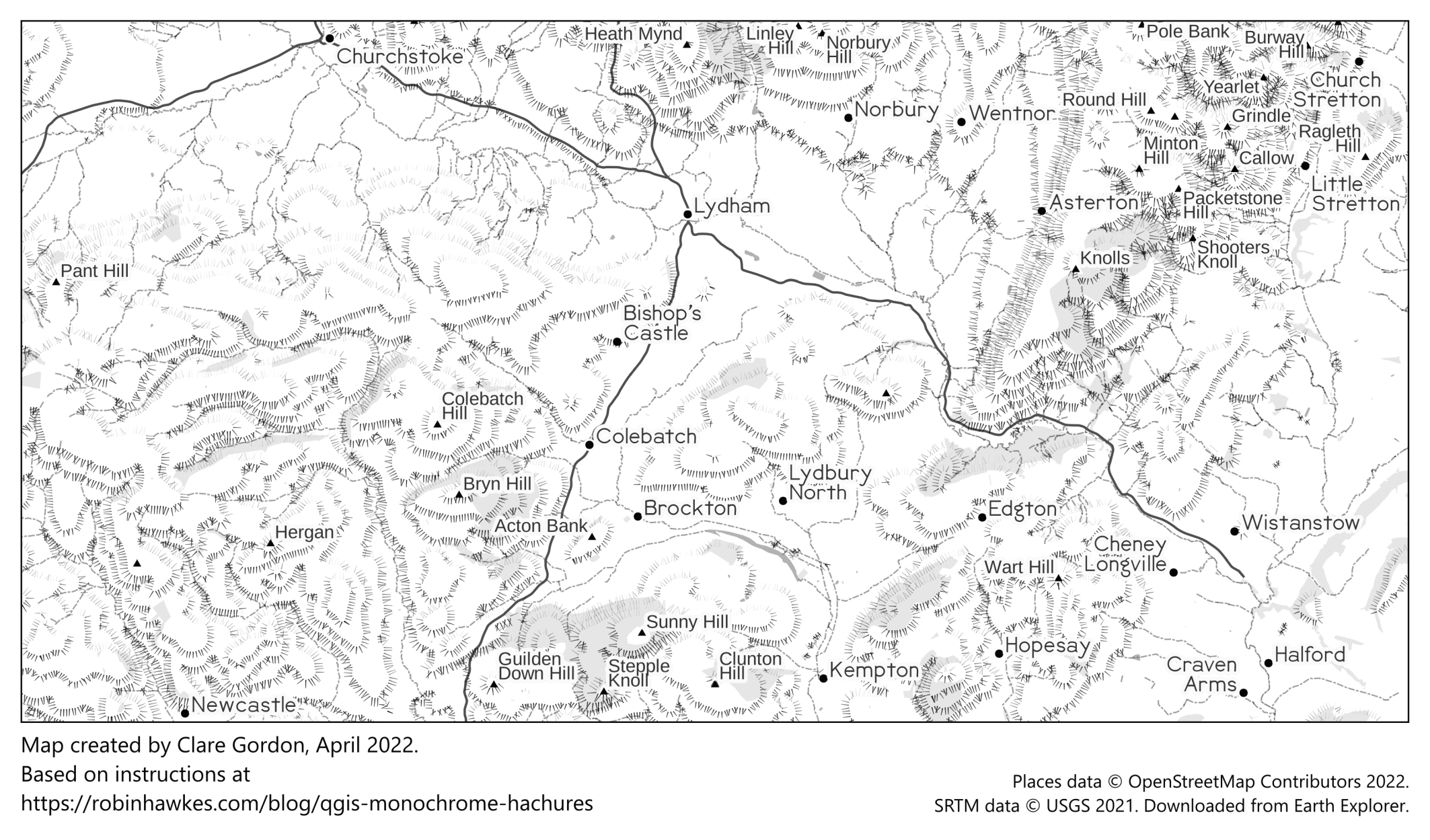 Hachures map of Bishop's Castle area, Shropshire. Hachures map of Bishop’s Castle area, Shropshire.