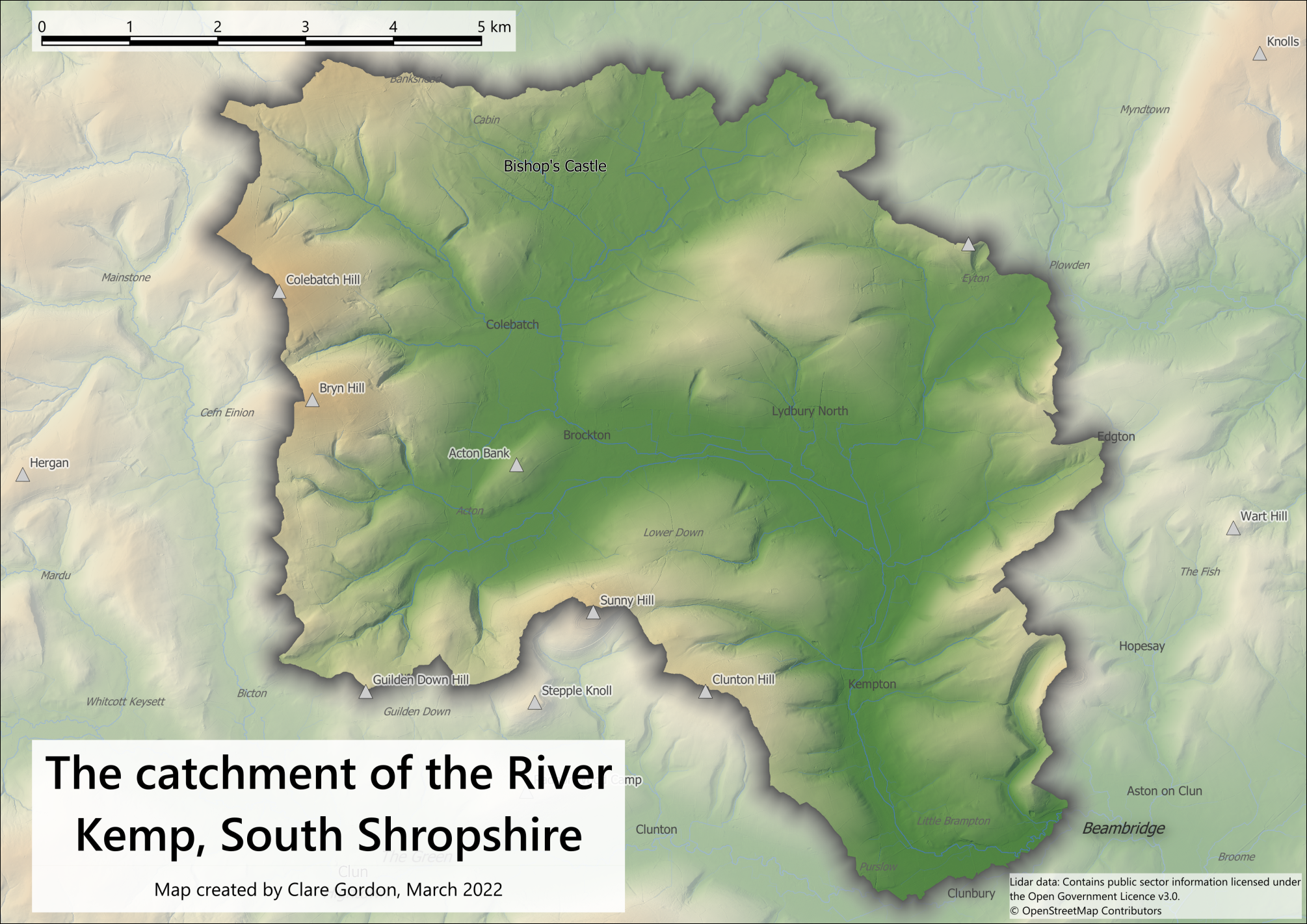 The catchment of the River Kemp, South Shropshire. The catchment of the River Kemp, South Shropshire.