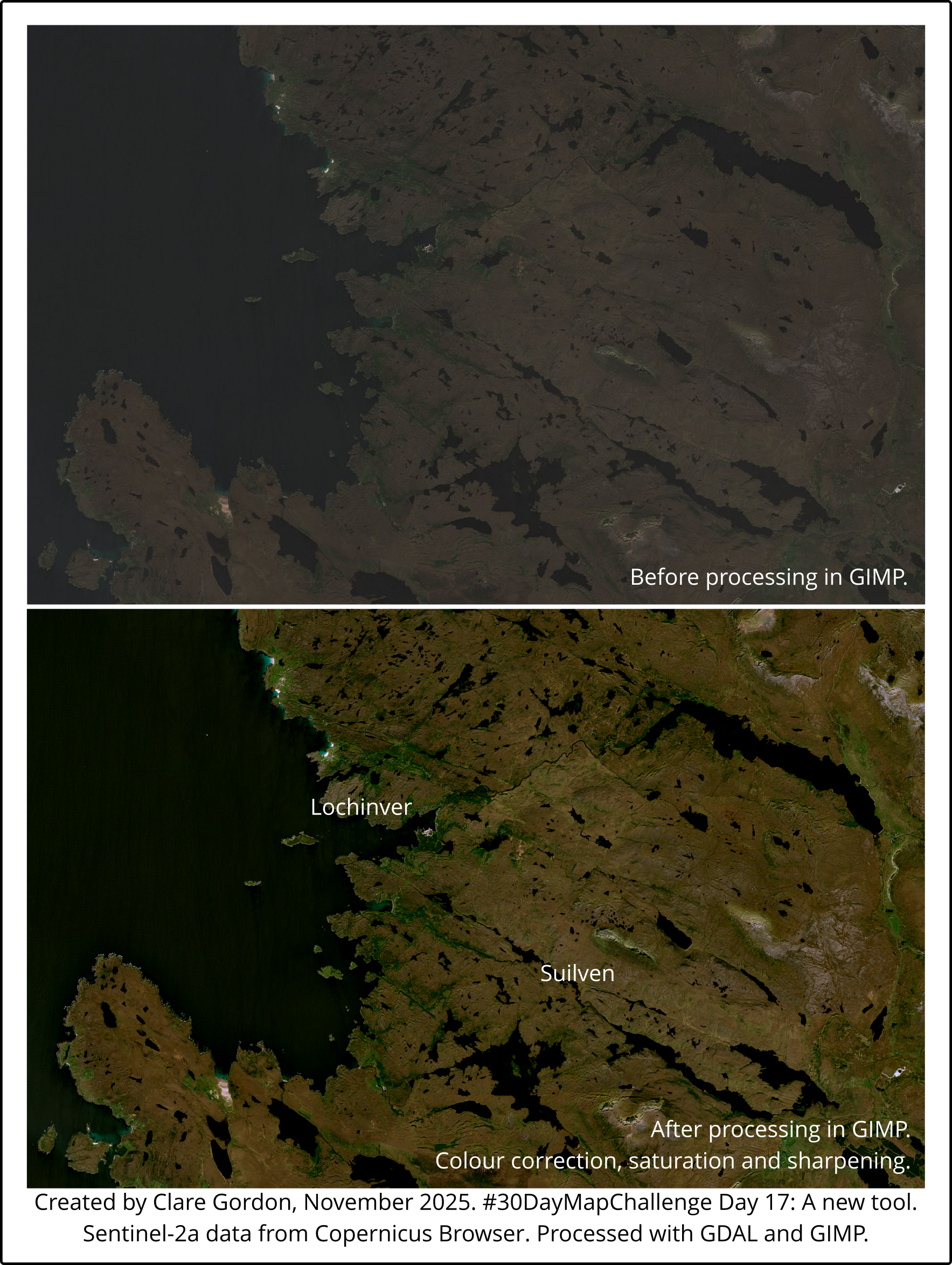 RGB satellite view of Lochinver area, NW Scotland. Sentinel-2a data. Shows faded appearance of image from GDAL and improved version after processing in GIMP.