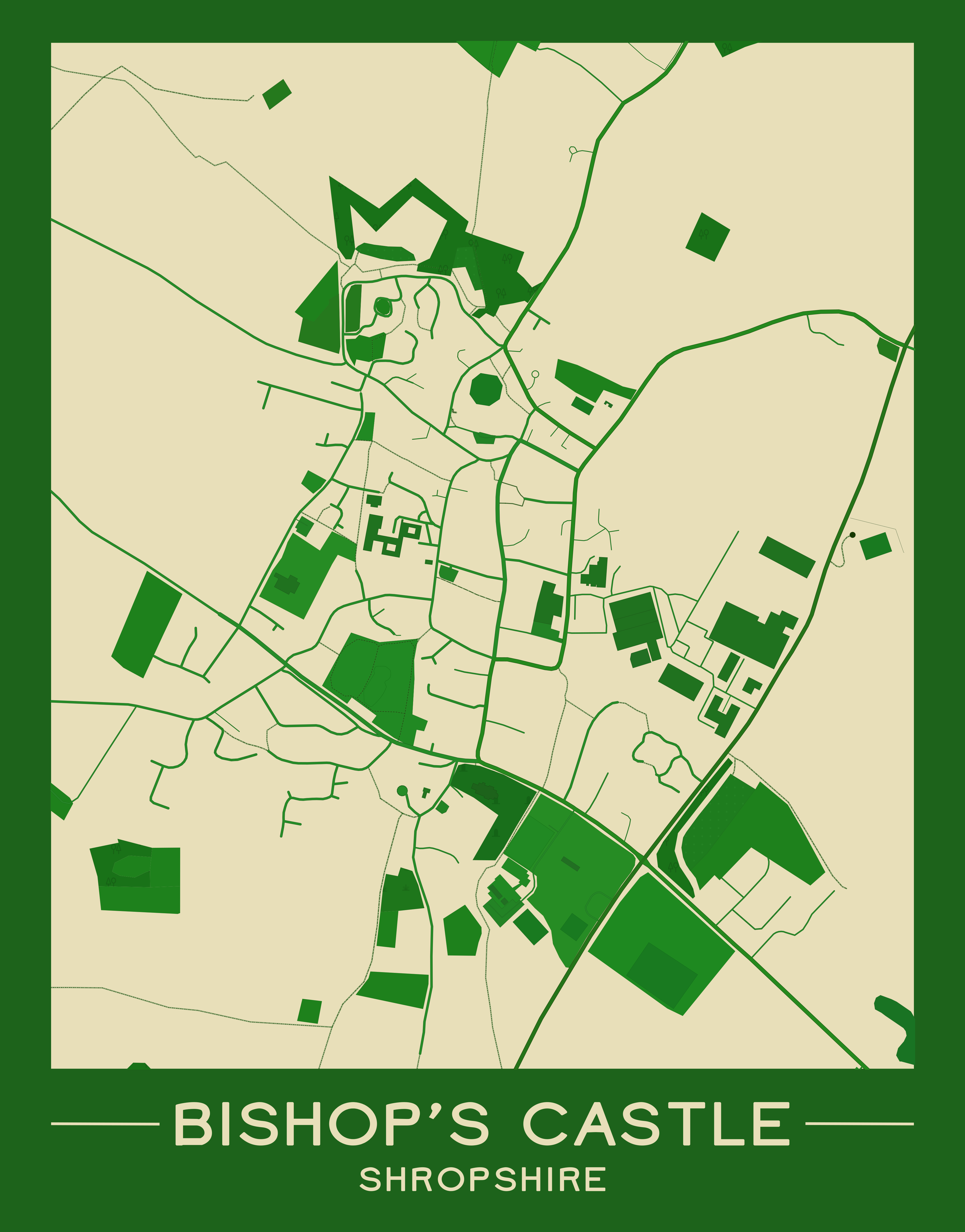 A minimal map poster of Bishop's Castle, Shropshire. A minimal map poster of Bishop’s Castle, Shropshire.