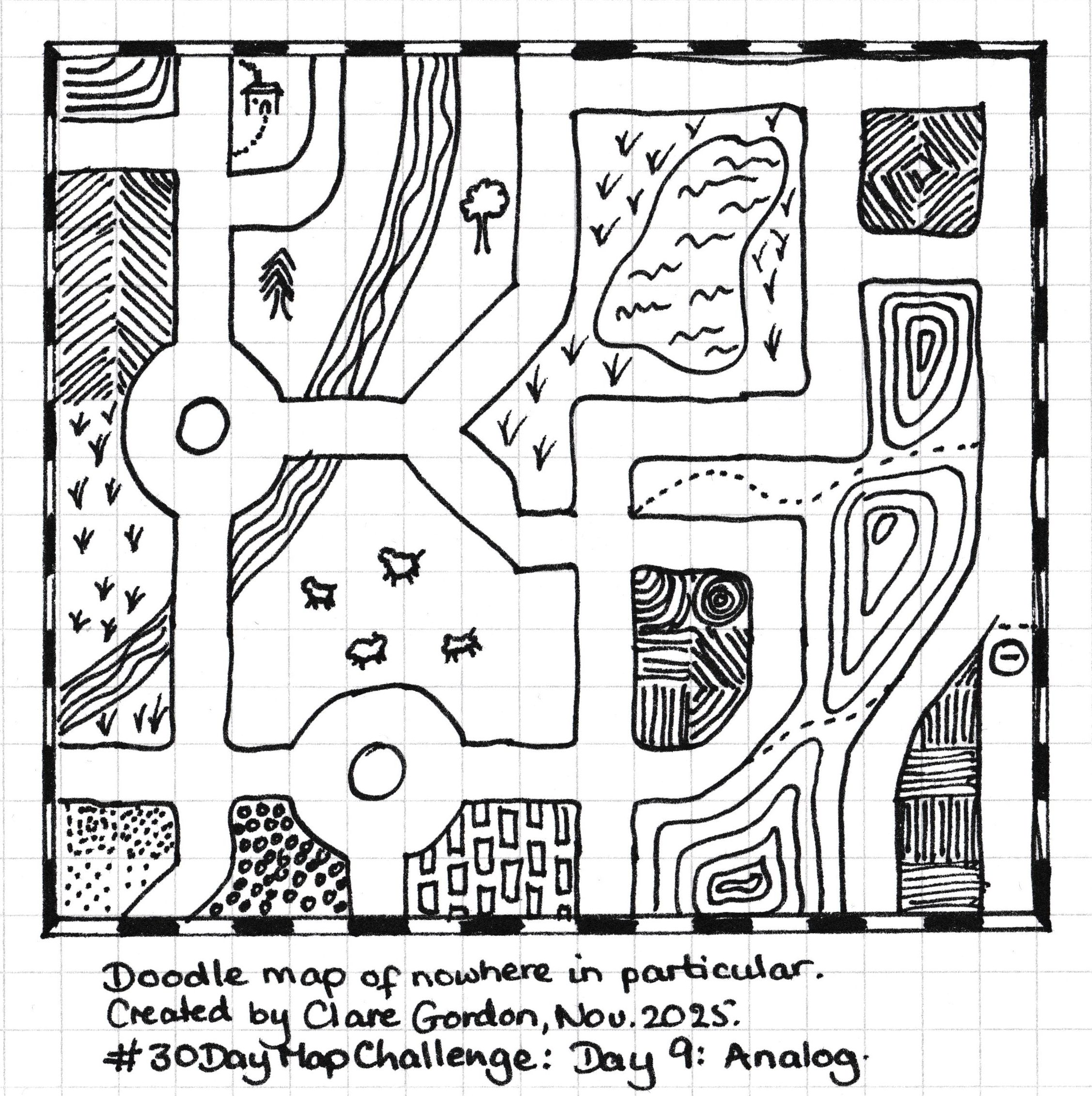 A doodled map using the squares of squared paper to set the structure. Doodles in spaces between roads include geometric patterns, a river, trees and some sheet. A doodled map using the squares of squared paper to set the structure. Doodles in spaces between roads include geometric patterns, a river, trees and some sheet.