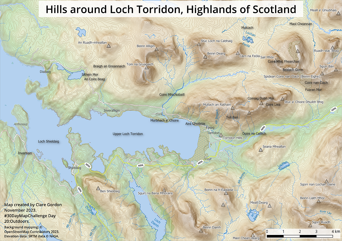 Elevation map of the area around Loch Torridon, Highlands of Scotland with contours. Elevation map of the area around Loch Torridon, Highlands of Scotland with contours.